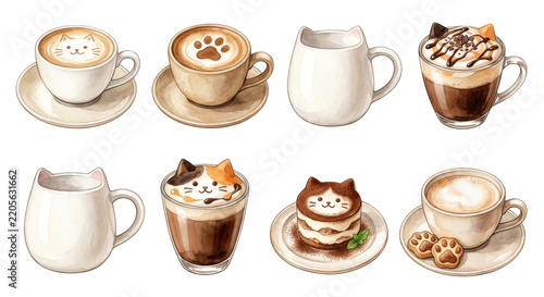 猫モチーフのカフェメニューとスイーツ 水彩イラスト素材セット　Cat Cafe Drinks and Sweets Watercolor Illustration Set　