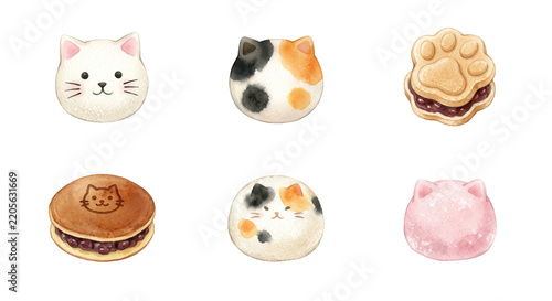 猫モチーフのかわいい和菓子 水彩イラスト素材セット　Cute Cat Japanese Wagashi Watercolor Illustration Set