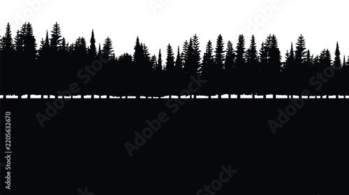 A silhouette of coniferous trees and a dashed line against a gradient background forest woodland evergreen pine spruce fir landscape scenic outdoor nature black white