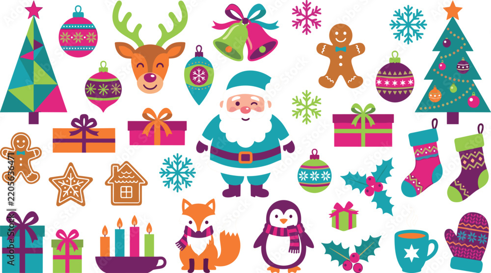 Fototapeta premium Colorful christmas holiday celebration cartoon elements and winter characters set