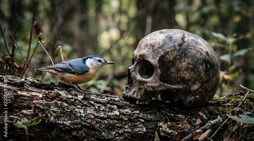 Obraz premium A small nuthatch bird perched on a log next to a weathered human skull