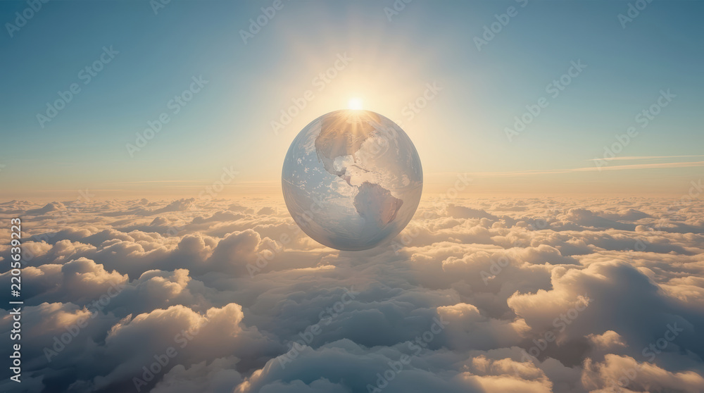 Fototapeta premium Radiant globe above cloudscape symbolizing global unity and peaceful connection