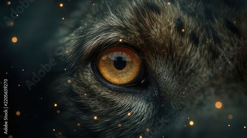 Wildlife eye closeup with glowing particles creates mysterious atmosphere
