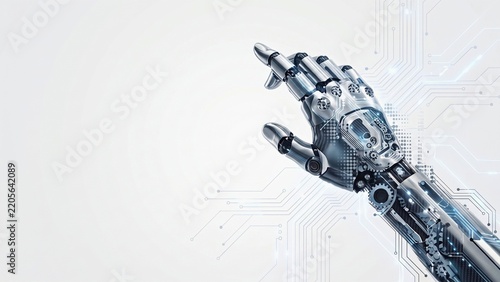 Mechanical robotic hand reaching upward against a circuit background representing AI and advanced robotics technology