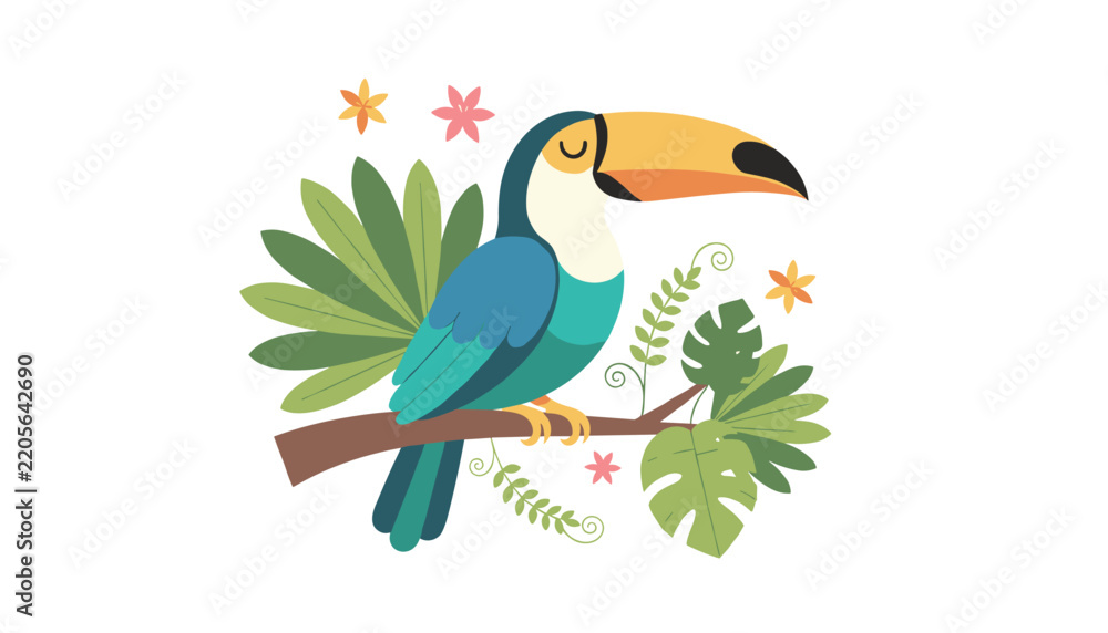 Fototapeta premium Beautiful tropical toucan bird perched on a branch surrounded by exotic jungle leaves and colorful flowers.