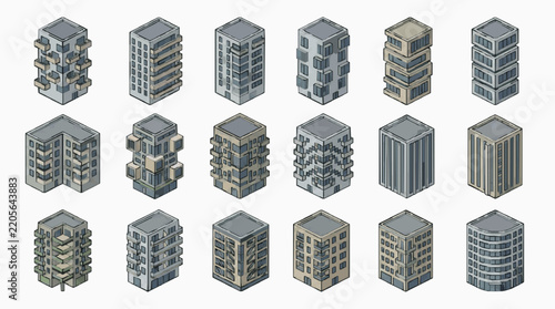 Isometric Collection of Unique Modern Apartment Building Designs for Urban Architecture