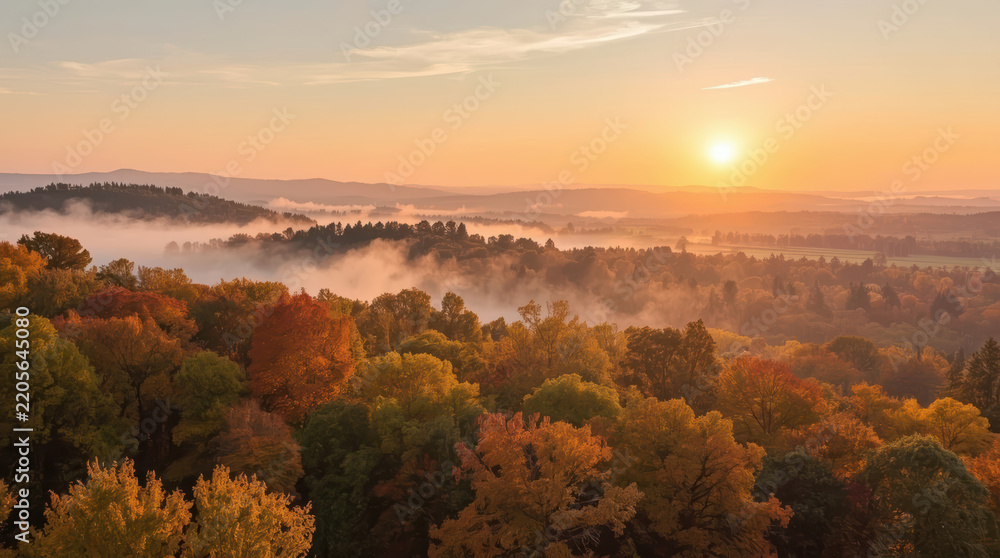 Naklejka premium Autumn forest sunrise over misty hills with colorful foliage
