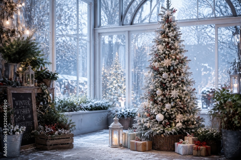 Obraz premium Snowy winter conservatory decorated with Christmas tree and gifts