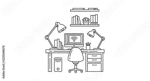 Desk with computer and office supplies.