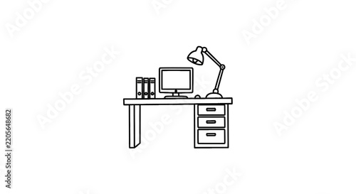 Desk with computer and office supplies.