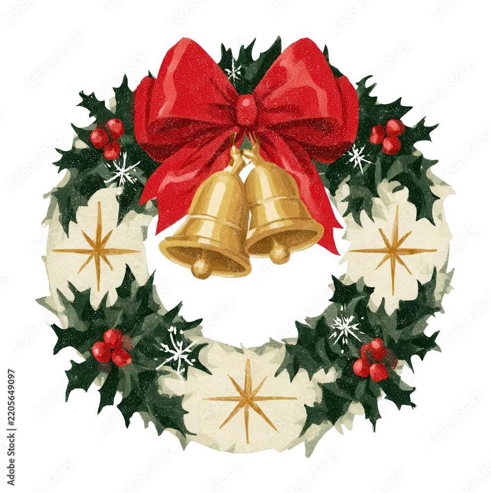 Obraz premium PNG Festive Christmas wreath with red bow, gold bells, holly, star ornaments