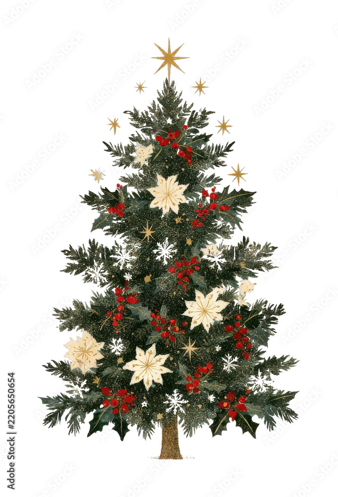 Fototapeta premium PNG Decorated Christmas tree with star ornaments, red berries, vintage style