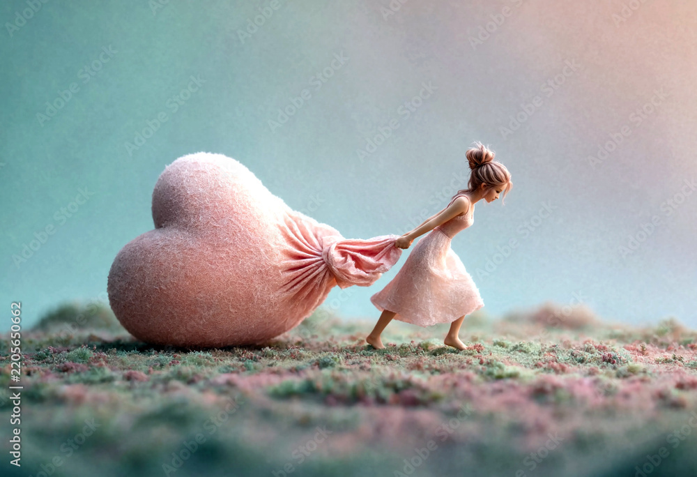 Obraz premium Whimsical Miniature Doll Walking Alongside a Large Pink Heart in a Dreamy Outdoor Setting