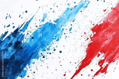 Red and blue paint splatters on a white background, Generative AI