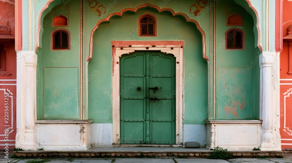 Fototapeta premium A weathered green double door set within an ornate arched doorway of a traditional Indian building with faded pastel walls