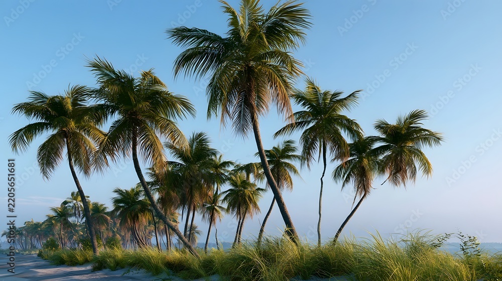 Fototapeta premium Tall palm trees sway gently in a clear blue sky above a sandy beach with tall grasses in the foreground