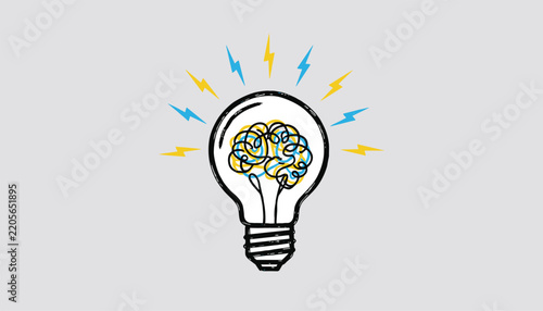 Sketch style light bulb with a brain inside and blue and yellow lightning bolts representing a sudden brainwave.