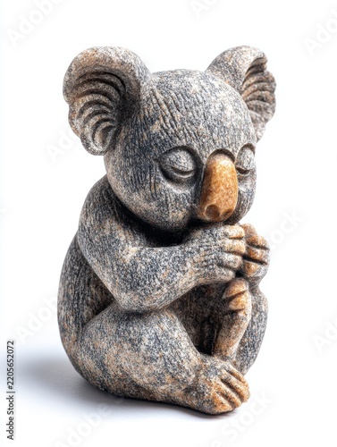 Small Stone Koala Statue Sitting And Sleeping Isolated On A Clean White Background