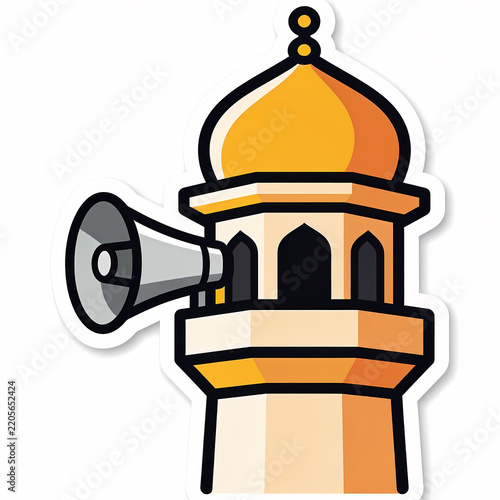 Vector illustration of a mosque minaret with a loudspeaker for call to prayer, isolated sticker style on white background, Islamic architecture symbol for adhan and religion concept