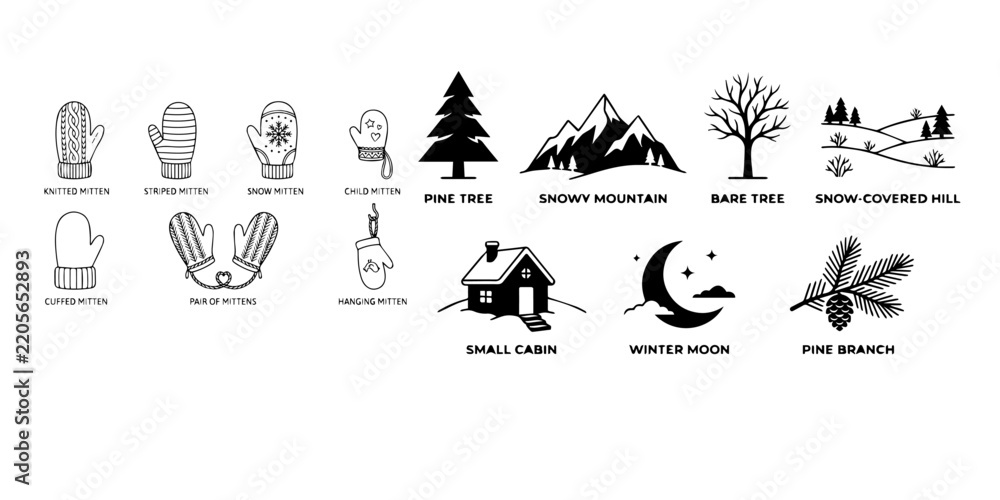 Fototapeta premium Collection of various black and white hand drawn nature and landscape icons isolated on white background