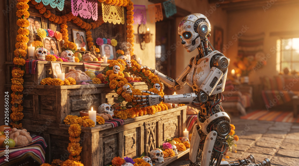 Fototapeta premium Robot honoring Day of the Dead altar with marigolds and photographs