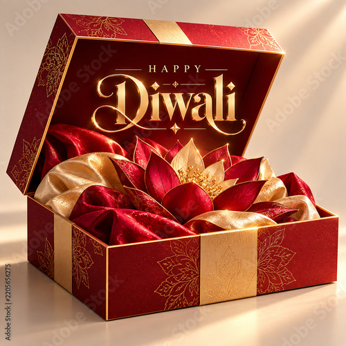 Open gift box with deep red and gold decorative lotus flower for diwali festival celebration