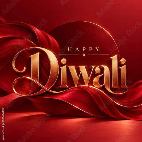 Deep red silk fabric waves framing golden happy diwali text on a dark backdrop with festival celebration tradition