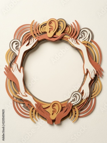 Paper cut wreath with hands and ears symbolizing active listening and mental health support