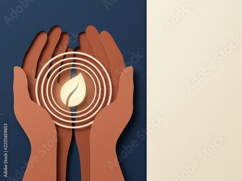 Cupped hands cradling a glowing leaf surrounded by concentric circles representing mental wellness