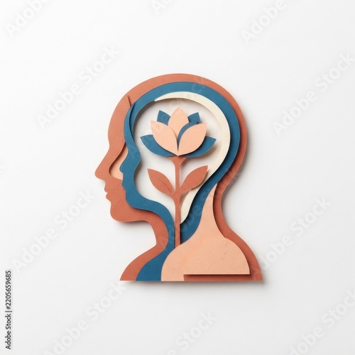 Paper cut layered human head with blooming flower symbolizing mental wellness and growth