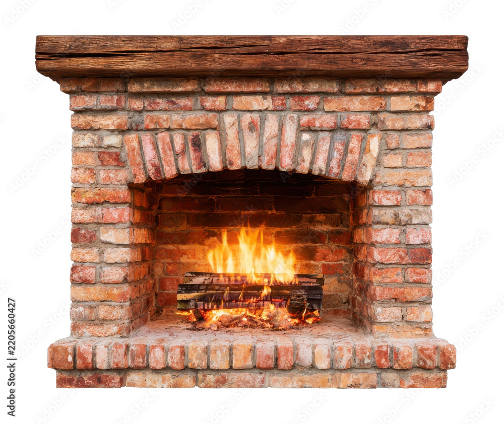 Fototapeta premium PNG Rustic brick fireplace with glowing flames and wooden mantel