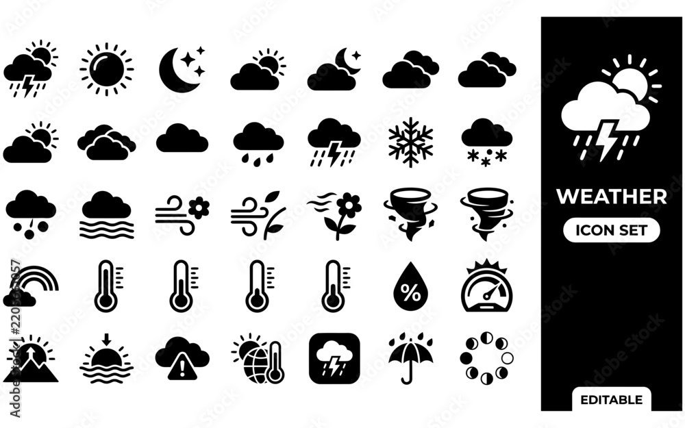 Fototapeta premium Weather forecast and meteorological symbols collection in black solid design for climate apps and environmental reports.