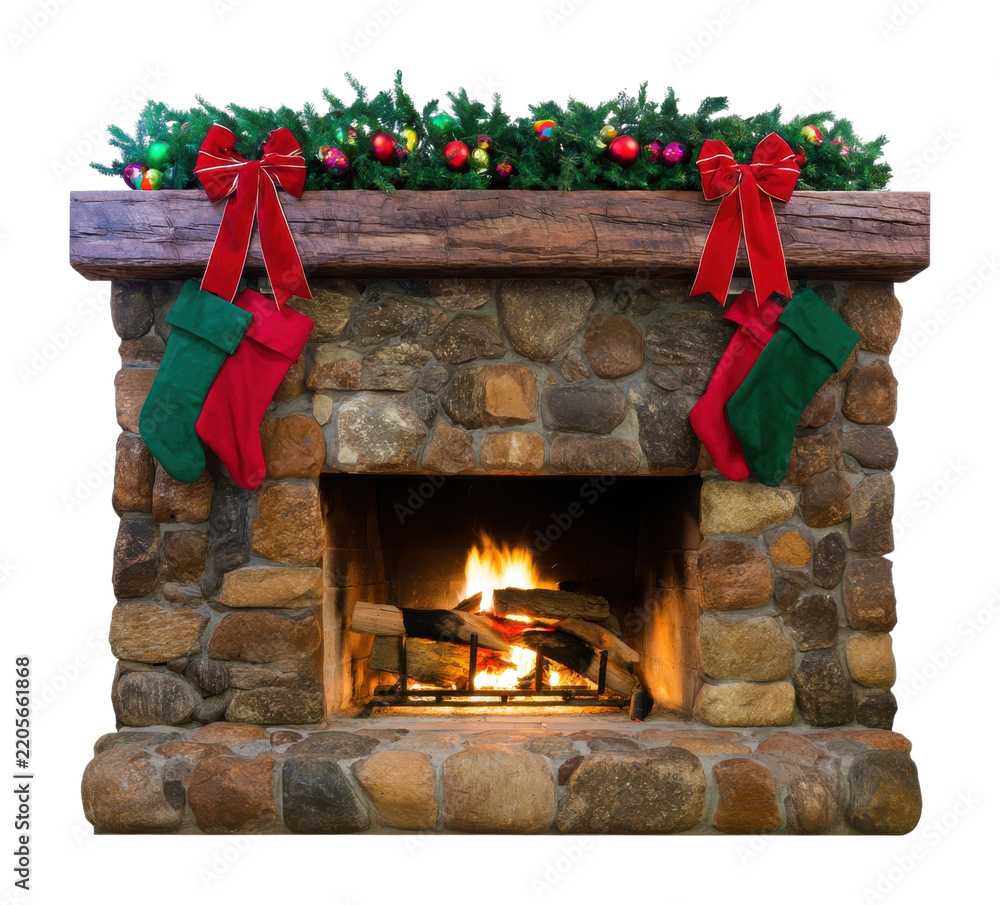 Fototapeta premium PNG Rustic Christmas fireplace decorated with garland and stockings
