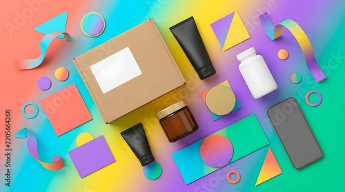 Flat lay of various skincare products and a cardboard shipping box on a vibrant colorful gradient background
