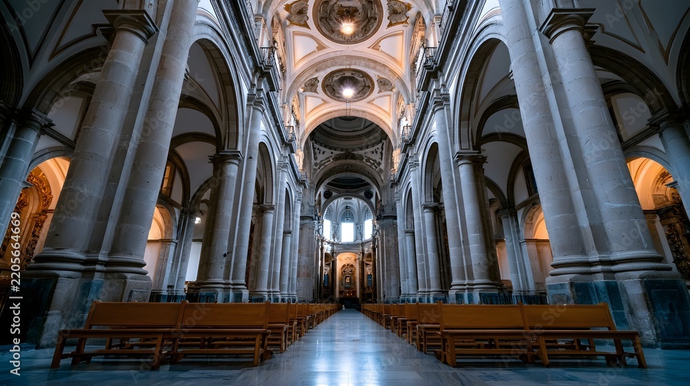 Fototapeta premium Long cathedral nave with stone columns arched ceilings and wooden pews under soft ambient lighting