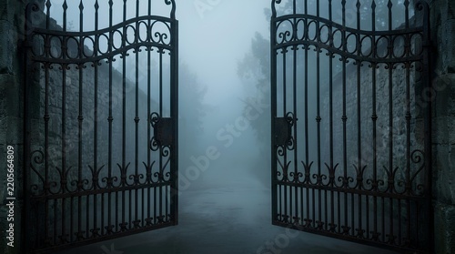 Ornate wrought iron gates open to a mysterious foggy path.