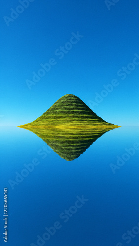 Abstract layered green hill mountain shape with reflection on blue water surface as PNG cutout