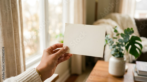Person holding blank letter by sunny window.