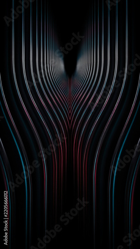 Abstract symmetric vertical composition of metallic pillars with glowing red and blue light stripes as PNG asset