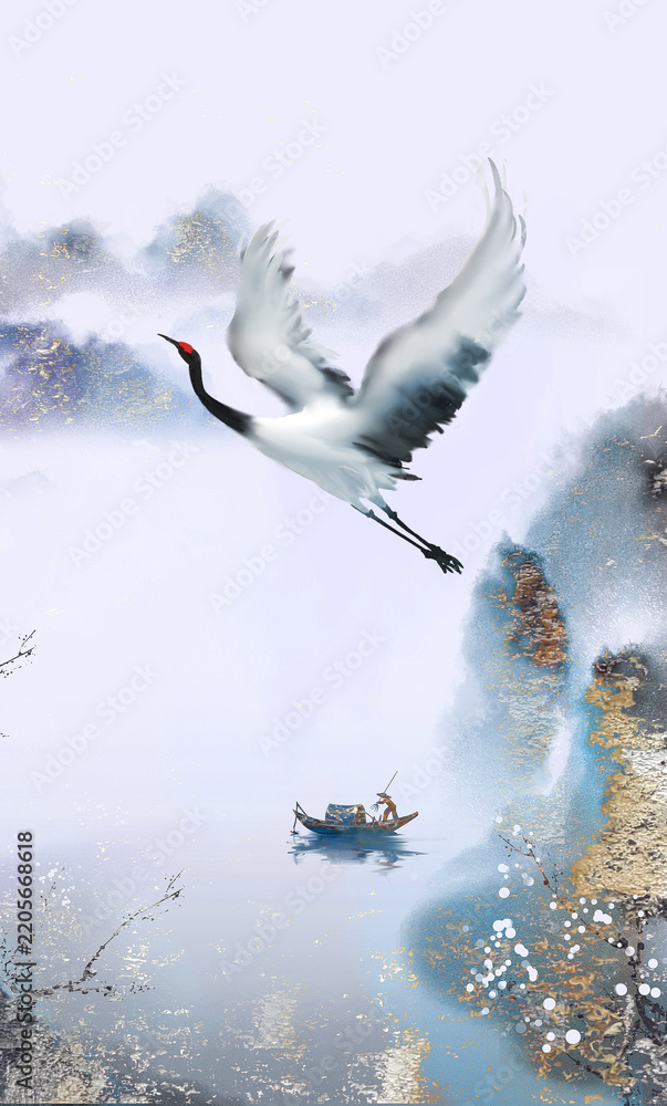 Obraz premium Flying crane over misty mountains and water. Traditional Chinese ink wash landscape with a bird, digital art for wallpaper and background.