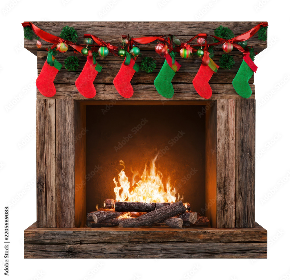 Fototapeta premium PNG Rustic Christmas fireplace with stockings, garland, ornaments