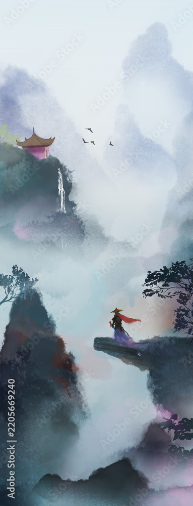 Fototapeta premium Misty mountain peaks with flying birds and a person on a cliff. Traditional Chinese ink wash landscape digital art for background design.