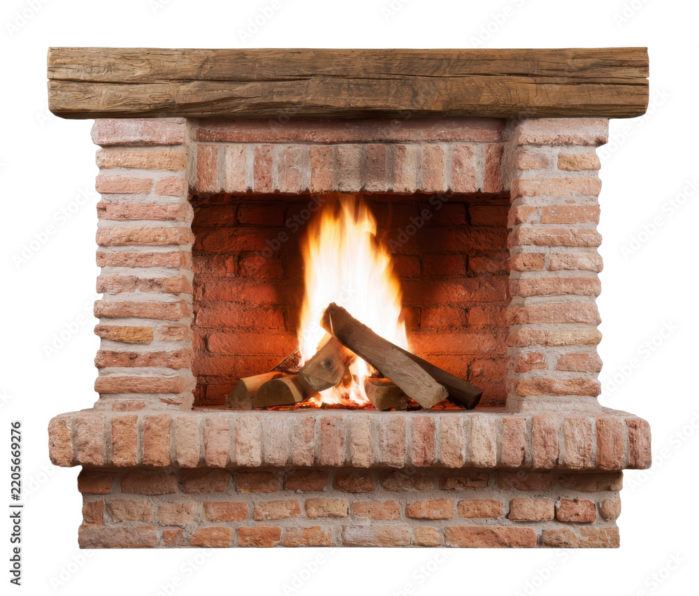 Fototapeta premium PNG Rustic brick fireplace with glowing logs and warm flames