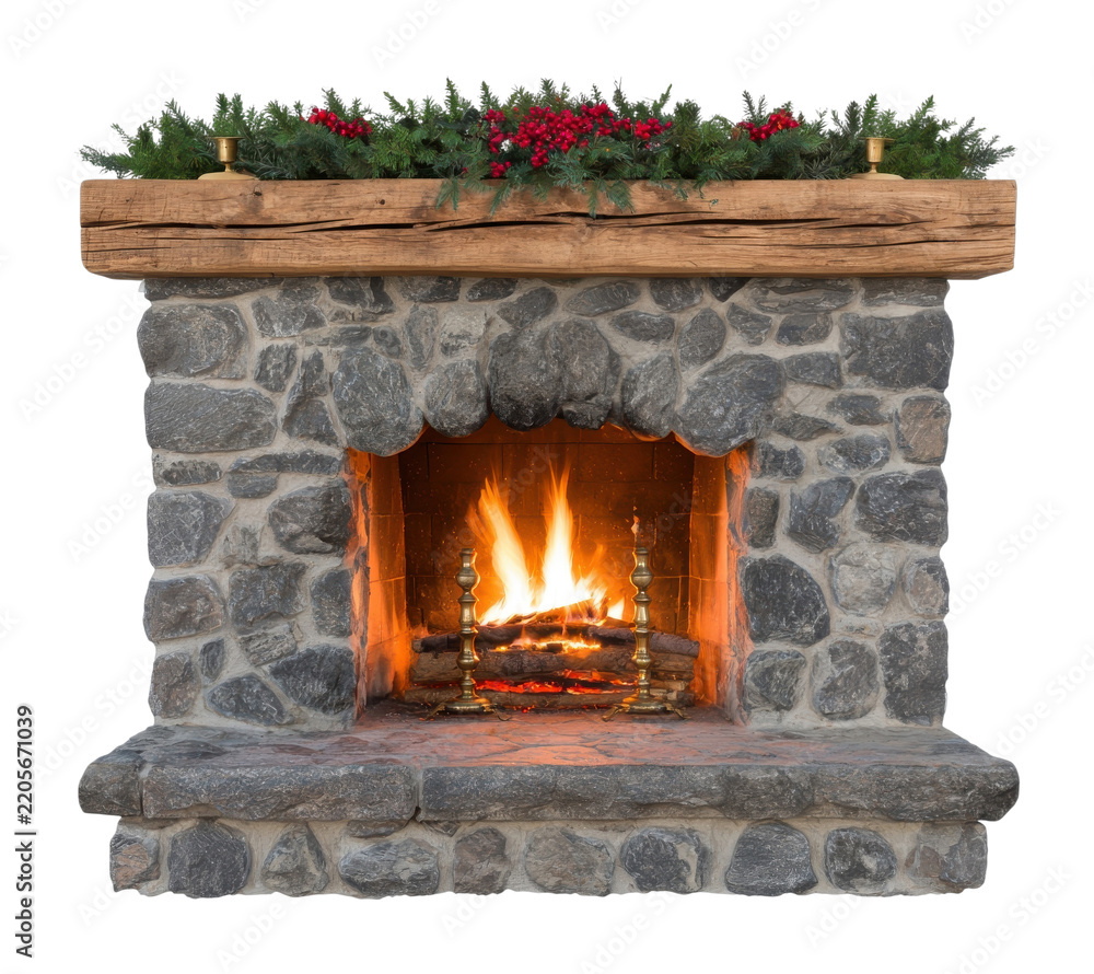 Fototapeta premium PNG Rustic stone fireplace with warm fire and festive greenery