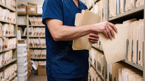 Medical professional in blue scrubs organizing patient records in a filing room with shelves full of manila folders