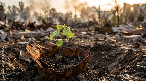 A bright green seedling grows from dark scorched earth amidst the blurred ruins of a war-torn landscape, symbolizing hope and environmental recovery.