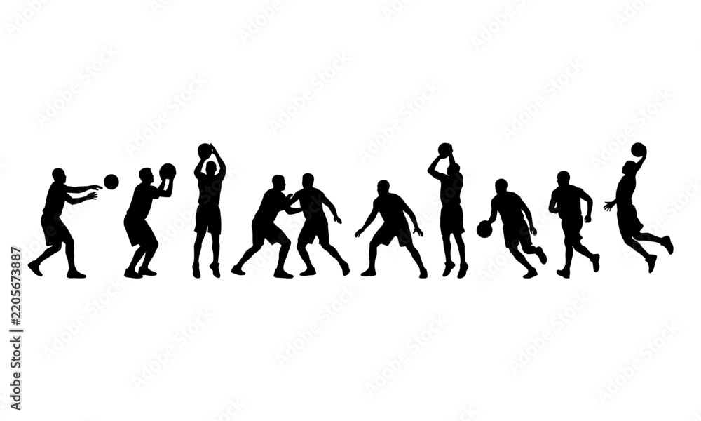 Obraz premium Set of black silhouettes showing various basketball players in action poses isolated on a white background