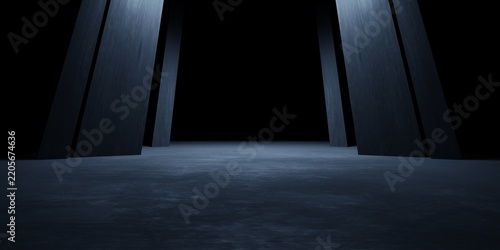 Black abstract futuristic architectural structure illuminated. advertising, showroom, technology, innovation, modern, minimalist, game, alien, spaceship, mystery. Sci Fi Illustration. Dystopian dark