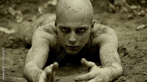 Shaved head man crawling in dirt.