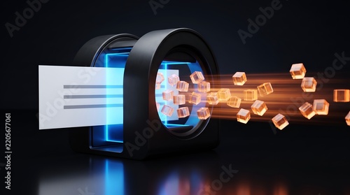 Digital Data Extraction Machine Converting Paper Document Into Glowing Information Cubes